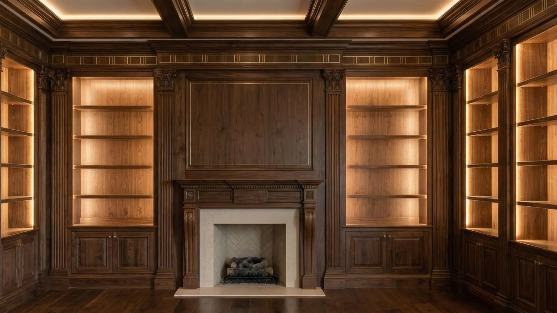 Paneled room with fitted millwork, lit shelving, and fireplace surround installed
