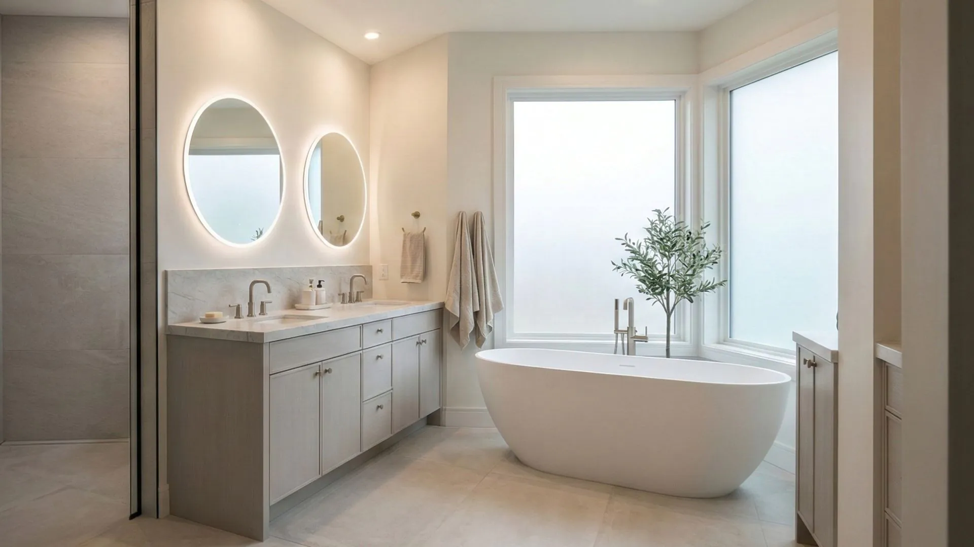 Bathroom with double vanity casework and window trim installed