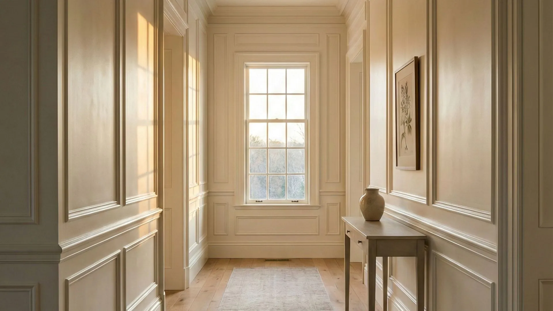 Corridor with wall paneling, baseboard, and door casing installed