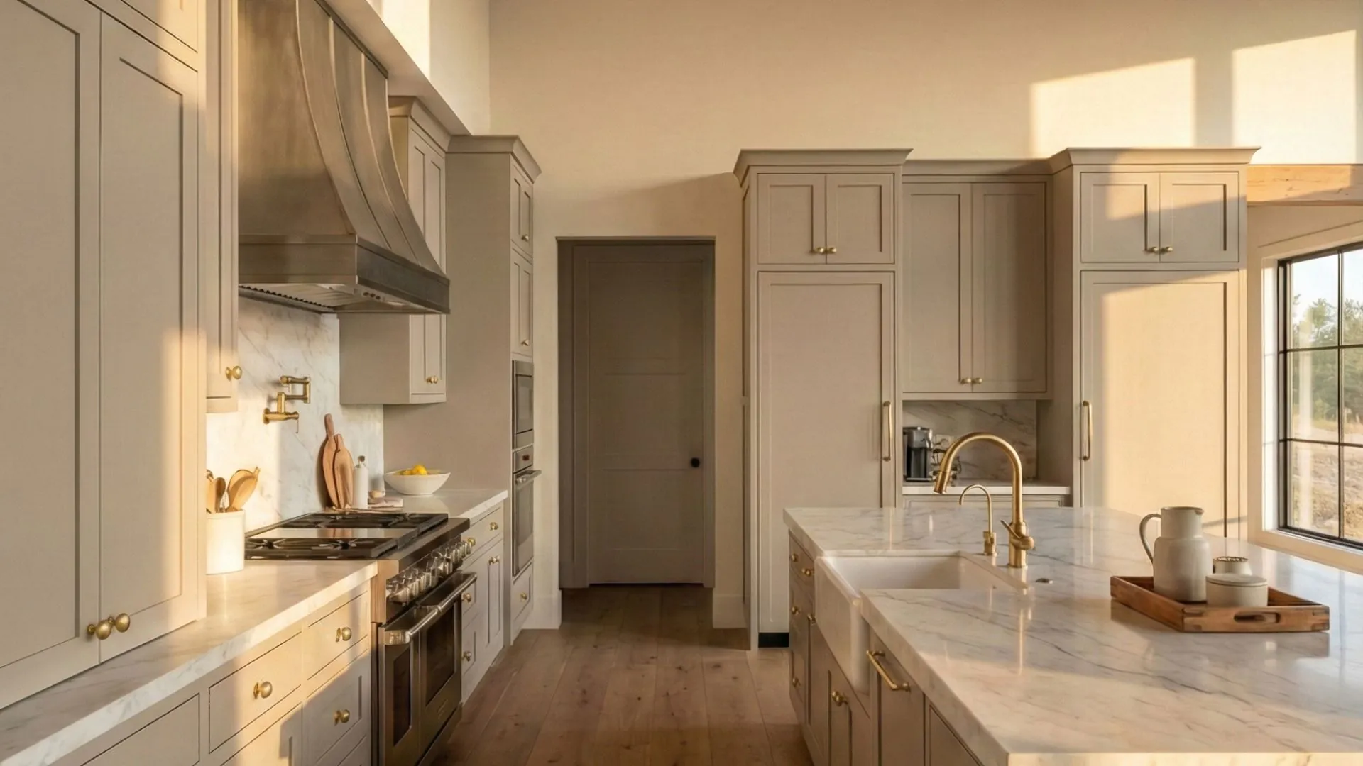 Unit kitchen with cabinets set, panel ends, and door casing complete