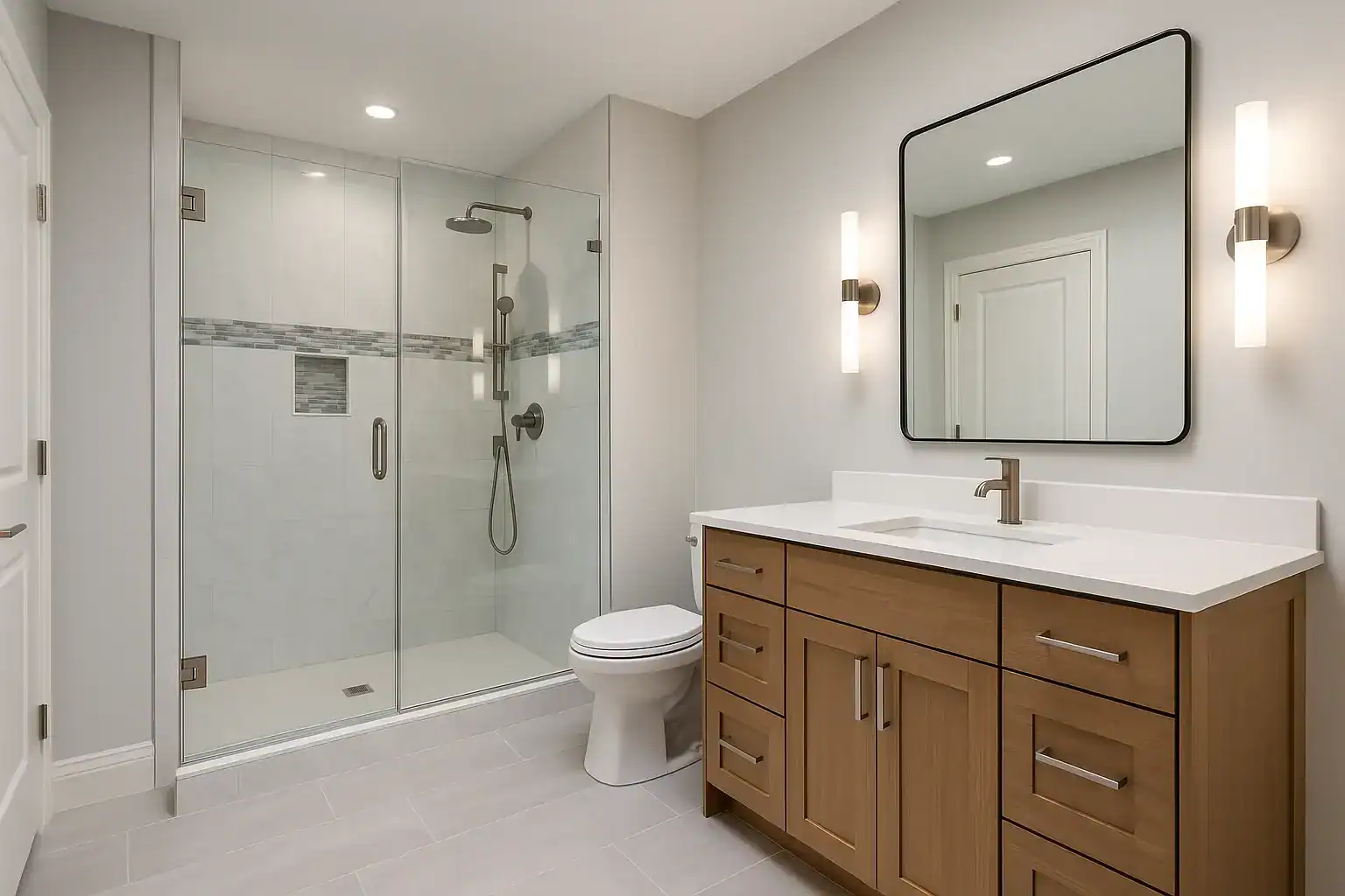 Modern bathroom with glass shower, custom wood vanity, and elegant wall lighting